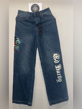 NWT Ed Hardy Y2K Women's Dark Blue Embroidered Wide-Leg Jeans Size 26